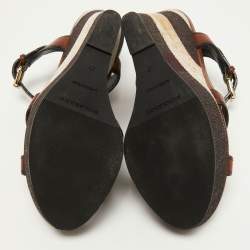 Pre Owned Burberry Brown Check Canvas and  Leather Warlow Platform Wedge Sandals Size 37