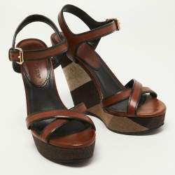 Pre Owned Burberry Brown Check Canvas and  Leather Warlow Platform Wedge Sandals Size 37