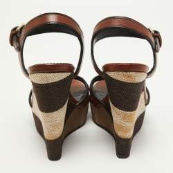Pre Owned Burberry Brown Check Canvas and  Leather Warlow Platform Wedge Sandals Size 37