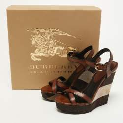 Pre Owned Burberry Brown Check Canvas and  Leather Warlow Platform Wedge Sandals Size 37