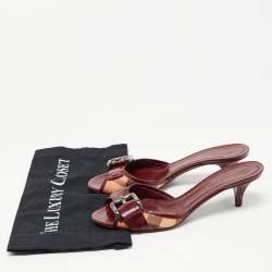 Pre Owned Burberry Burgundy/Beige Nova Check Canvas And Patent Slide Sandals Size 38