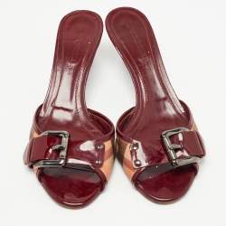 Pre Owned Burberry Burgundy/Beige Nova Check Canvas And Patent Slide Sandals Size 38