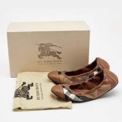 Pre Owned Burberry  Brown Leather and Nova Check Canvas Studded Scrunch Ballet Flats Size 36.5