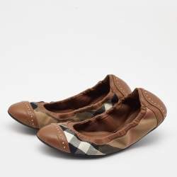 Pre Owned Burberry  Brown Leather and Nova Check Canvas Studded Scrunch Ballet Flats Size 36.5