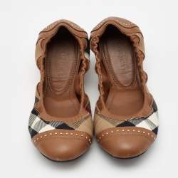 Pre Owned Burberry  Brown Leather and Nova Check Canvas Studded Scrunch Ballet Flats Size 36.5