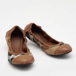 Pre Owned Burberry  Brown Leather and Nova Check Canvas Studded Scrunch Ballet Flats Size 36.5