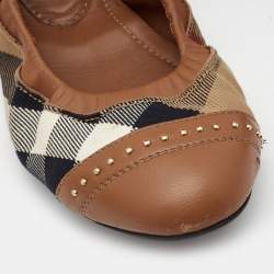 Pre Owned Burberry  Brown Leather and Nova Check Canvas Studded Scrunch Ballet Flats Size 36.5