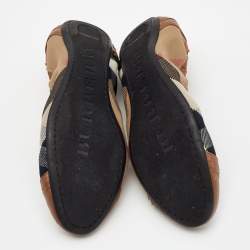 Pre Owned Burberry  Brown Leather and Nova Check Canvas Studded Scrunch Ballet Flats Size 36.5