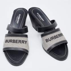 Pre Owned صندل سلايد بربري أونور جلد وكانفاس أسود/رصاصي مقاس 38