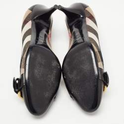 Pre Owned Burberry Black/Brown Leather and Nova Check Canvas Buckle Pumps Size 36