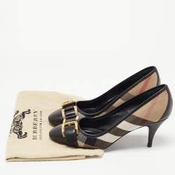 Pre Owned Burberry Black/Brown Leather and Nova Check Canvas Buckle Pumps Size 36