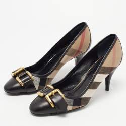 Pre Owned Burberry Black/Brown Leather and Nova Check Canvas Buckle Pumps Size 36