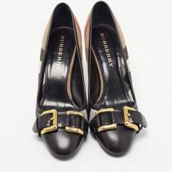 Pre Owned Burberry Black/Brown Leather and Nova Check Canvas Buckle Pumps Size 36