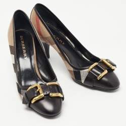 Pre Owned Burberry Black/Brown Leather and Nova Check Canvas Buckle Pumps Size 36
