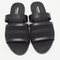 Pre Owned Burberry Black Canvas And Leather Flat Slides Size 38