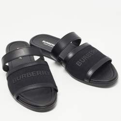 Pre Owned Burberry Black Canvas And Leather Flat Slides Size 38