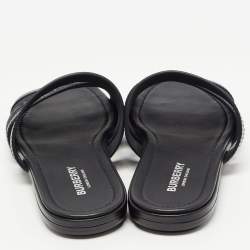 Pre Owned Burberry Black Canvas And Leather Flat Slides Size 38
