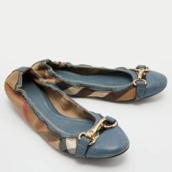 Pre Owned Burberry Brown/Blue Nova Check Canvas and Leather Scrunch Ballet Flats Size 38