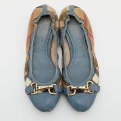 Pre Owned Burberry Brown/Blue Nova Check Canvas and Leather Scrunch Ballet Flats Size 38