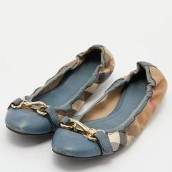 Pre Owned Burberry Brown/Blue Nova Check Canvas and Leather Scrunch Ballet Flats Size 38