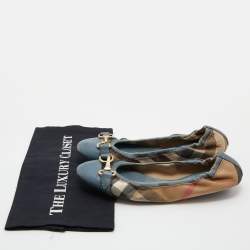 Pre Owned Burberry Brown/Blue Nova Check Canvas and Leather Scrunch Ballet Flats Size 38