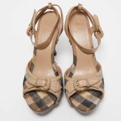 Burberry Beige Nova Check Canvas and Leather Ankle Strap Clog Sandals Size 39