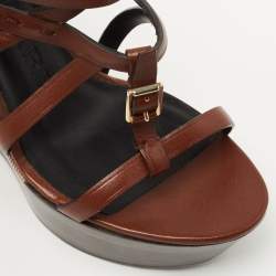 Burberry Brown Leather and Nova Check Wedge Platform Ankle Strap Sandals 37