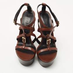 Burberry Brown Leather and Nova Check Wedge Platform Ankle Strap Sandals 37