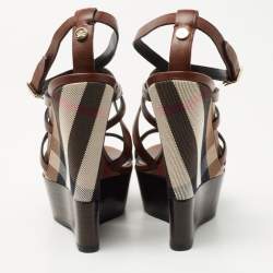 Burberry Brown Leather and Nova Check Wedge Platform Ankle Strap Sandals 37