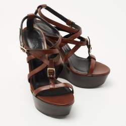 Burberry Brown Leather and Nova Check Wedge Platform Ankle Strap Sandals 37