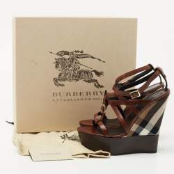Burberry Brown Leather and Nova Check Wedge Platform Ankle Strap Sandals 37
