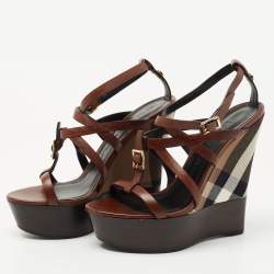 Burberry Brown Leather and Nova Check Wedge Platform Ankle Strap Sandals 37