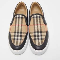 Burberry Beige/Black Nova Check Canvas and Leather Gauden Low Top Sneakers Size 38