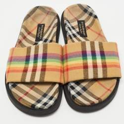 Pre Owned Burberry Beige Vintage Rainbow Check Canvas Ashmore Slides Size 38