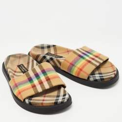 Pre Owned Burberry Beige Vintage Rainbow Check Canvas Ashmore Slides Size 38
