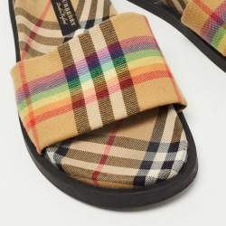 Pre Owned Burberry Beige Vintage Rainbow Check Canvas Ashmore Slides Size 38