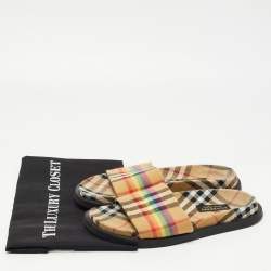 Pre Owned Burberry Beige Vintage Rainbow Check Canvas Ashmore Slides Size 38