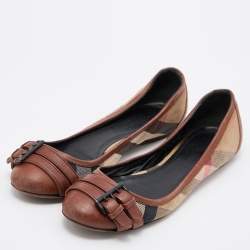 Pre Owned Burberry Beige/Tan Nova Check Canvas and Leather Buckle Ballet Flats Size 38