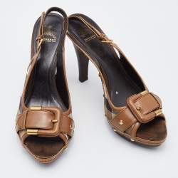 Pre Owned Burberry Brown Leather and Canvas Housecheck Buckle Studded Slingback Sandals Size 40