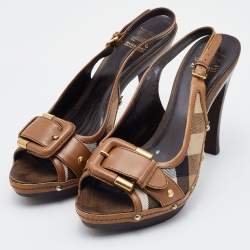 Pre Owned Burberry Brown Leather and Canvas Housecheck Buckle Studded Slingback Sandals Size 40