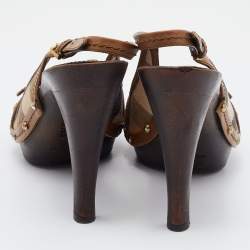 Pre Owned Burberry Brown Leather and Canvas Housecheck Buckle Studded Slingback Sandals Size 40