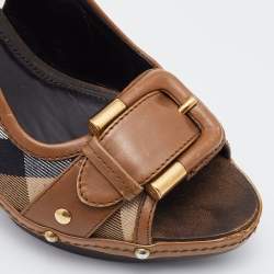 Pre Owned Burberry Brown Leather and Canvas Housecheck Buckle Studded Slingback Sandals Size 40