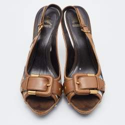 Pre Owned Burberry Brown Leather and Canvas Housecheck Buckle Studded Slingback Sandals Size 40