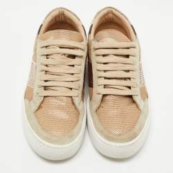 Burberry Beige/Rose Gold House Check Canvas and Suede Salmond Sequins Low Top Sneakers Size 37.5