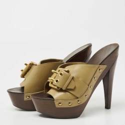 Burberry Olive Green Leather Buckle Platform Clogs Size 38