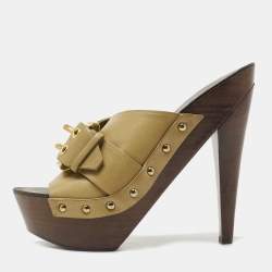 Burberry Olive Green Leather Buckle Platform Clogs Size 38