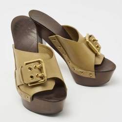 Burberry Olive Green Leather Buckle Platform Clogs Size 38