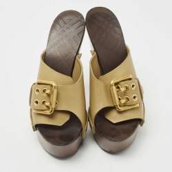 Burberry Olive Green Leather Buckle Platform Clogs Size 38