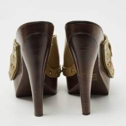 Burberry Olive Green Leather Buckle Platform Clogs Size 38