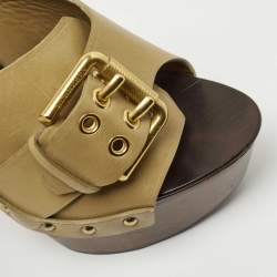 Burberry Olive Green Leather Buckle Platform Clogs Size 38
